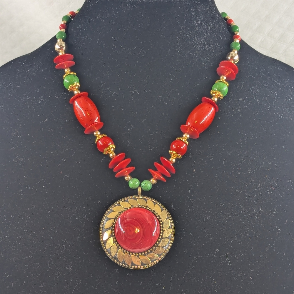 Bohemian Tibetan Style Brass Pendant Red Glass/Christmas Red/Green/Gold